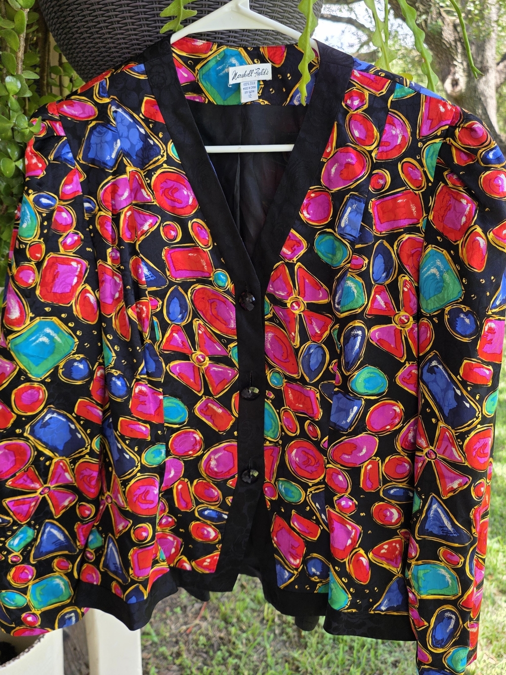 Vintage Vivid Gem-Print Black Button-Front
